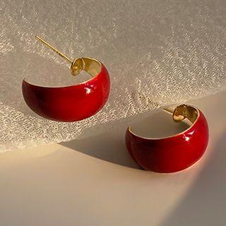Glaze Alloy Open Hoop Earring 1 Pair - 925 Silver Needle - Stud Earring - Glazed - Red - One Size