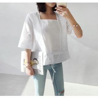 Square-neck 3/4-sleeve Lace-trim Cotton Top