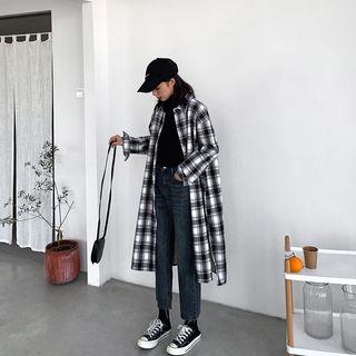 Detachable Hood Plaid Long Shirt Plaid - Black & White - One Size