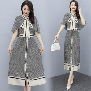 Cap Sleeve Tie-neck Houndstooth Chiffon Dress