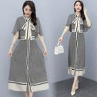 Cap Sleeve Tie-neck Houndstooth Chiffon Dress