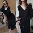 Long-sleeve V-neck Midi Sheath Knit Dress Black - One Size
