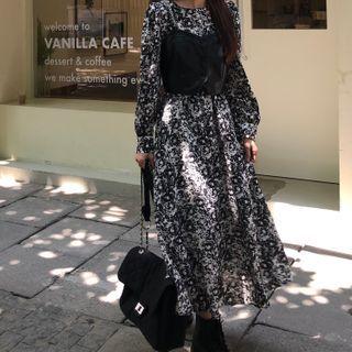Faux Leather Camisole / Long-sleeve Floral Midi Dress