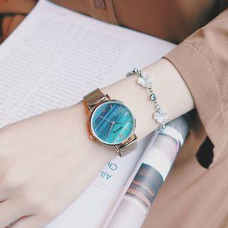 Set: Printed Mesh Strap Watch + Floral Bracelet
