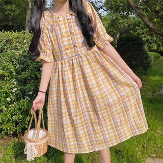 Short-sleeve Plaid Frill Trim Midi A-line Dress