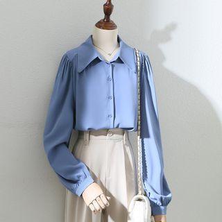 Long-sleeve Lapel Plain Smocked   Shirt