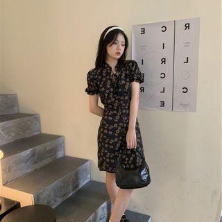 Puff-sleeve Floral Print Midi Sheath Dress / Blouse