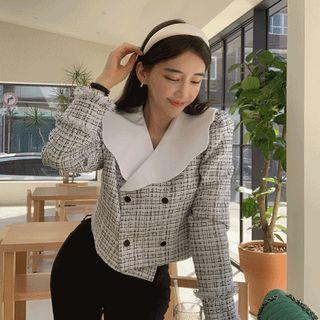 Scallop-collar Double-breasted Tweed Cropped Blouse