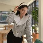 Scallop-collar Double-breasted Tweed Cropped Blouse