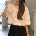 Elbow-sleeve Lace Button-up Blouse White - One Size