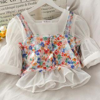 Set: Short-sleeve Blouse + Flower Print Camisole White - One Size