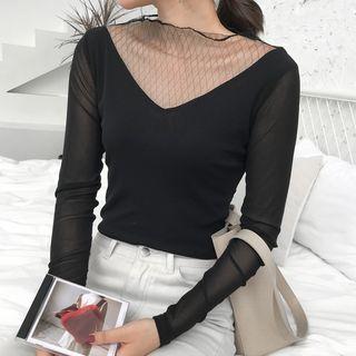 Mesh Panel Long-sleeve Top White - One Size
