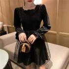 Bell-sleeve Sequined Mesh Panel Velvet Dress