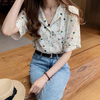 Flower Print Elbow-sleeve Chiffon Shirt