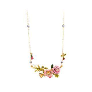 Fashion Elegant Plated Gold Enamel Double Flower Cubic Zirconia Necklace Golden - One Size