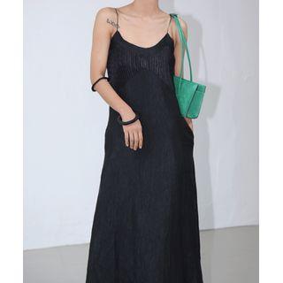 Crinkled Satin Midi Strappy Dress Black - One Size