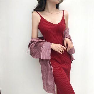Striped Long-sleeve Shirt / Knitted Strappy Dress