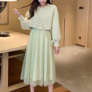 Set: Lantern-sleeve Cropped Sweater + Mesh Midi A-line Skirt