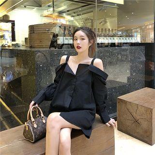 Plain Long-sleeve Loose-fit Dress Black - One Size