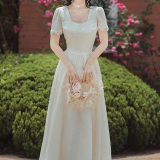 Short-sleeve Square-neck Maxi A-line Dress