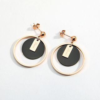 Stainless Steel Disc & Hoop Dangle Earring 1 Pair - Rose Gold & Black - One Size