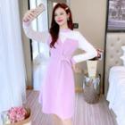 Long-sleeve Two-tone Lace Panel Knit Dress
