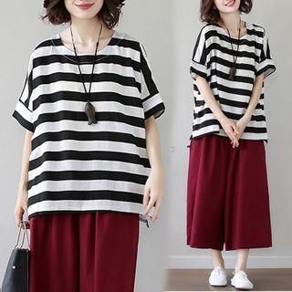 Striped Round-neck Short-sleeve T Shirt Black - F