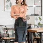 Long-sleeve Beaded Blouse/ Midi Tie-waist Pencil Skirt/ Set