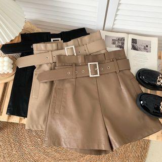 Paperbag High-waist Faux-leather Shorts With Belt