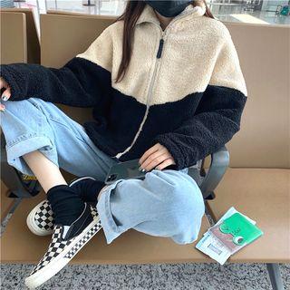 Color-block Fleece Jacket Almond & Black - One Size