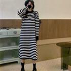 Long-sleeve Mock-neck Striped Knit Midi Dress