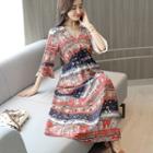 Patterned Elbow-sleeve Maxi A-line Dress