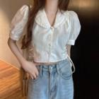 Short-sleeve Collared Lace-up Cropped Blouse