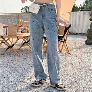 Splatter Print Washed Straight Leg Jeans