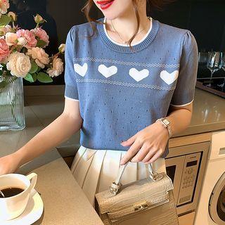 Short-sleeve Heart Print Pointelle Knit Top