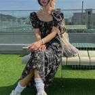 Short-sleeve Floral Silt Midi A-line Dress