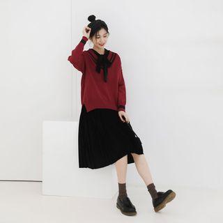 Set : Retro V-neck Knitted Sweater + Pleated Skirt