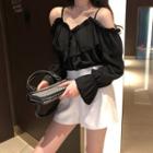 Frill-hem Cold-shoulder Blouse / High-waist Shorts