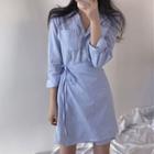 Plain Long-sleeve Shirt Dress Stripes - Blue - One Size