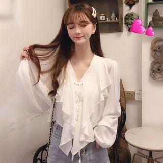 V-neck Ruffled Lace-up Blouse