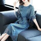 Dotted Elbow-sleeve Chiffon Dress With Sash