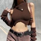 Ribbed-knit High-neck Crop Tank Top With Arm Sleeves