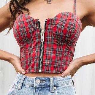Spaghetti Strap Plaid Zipped Top