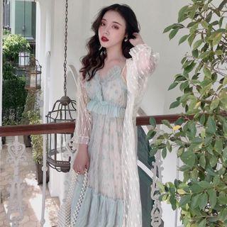 Lace Long Jacket / Spaghetti Strap Midi A-line Dress / Slipdress / Set
