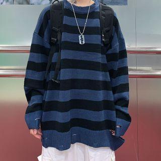 Striped Distressed Sweater Black & Dark Green - One Size