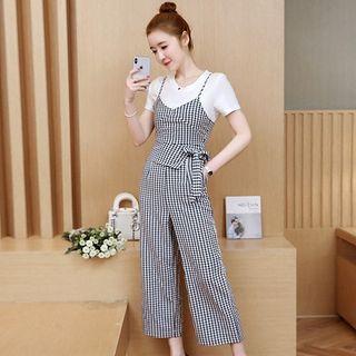 Set: Short-sleeve T-shirt + Spaghetti Strap Wide-leg Jumpsuit