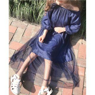 Long-sleeve Off Shoulder Sheer Panel Midi Dress