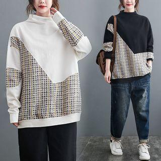 Tweed Panel Mock-neck Sweatshirt