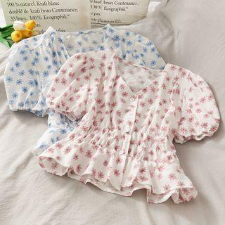 Daisy-print V-neck Crop Blouse In 7 Colors