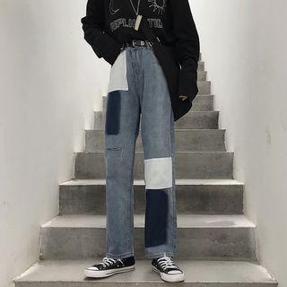 Color Block Straight-cut Jeans / Cropped Distressed Straight-cut Jeans